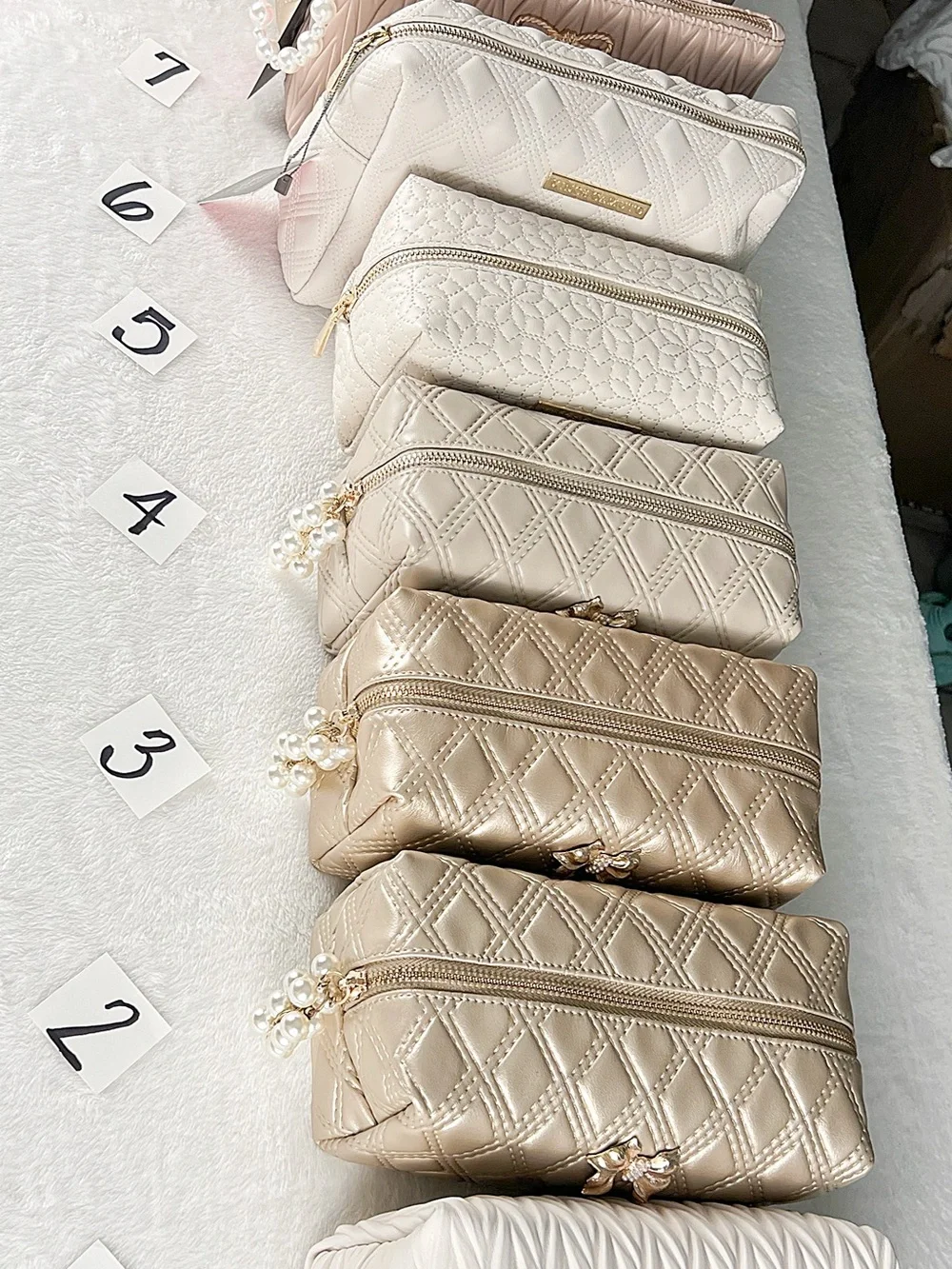 NWT! Vince Camuto Quilted Metallic Gold&Pearl Cosmetic Pouch Sets VARIOUS SIZES
